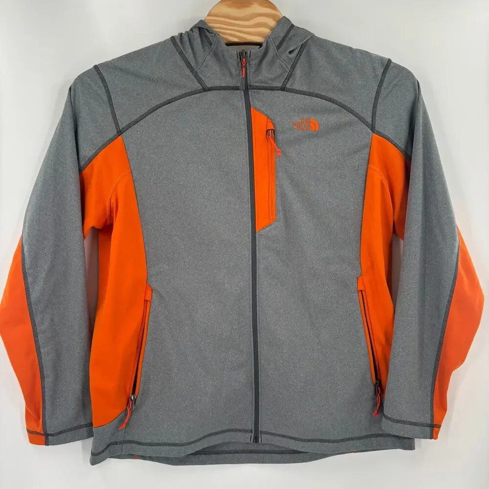 The North Face Mens XL Gray Orange Full Zip Hooded Long Sleeve Sweater Jacket